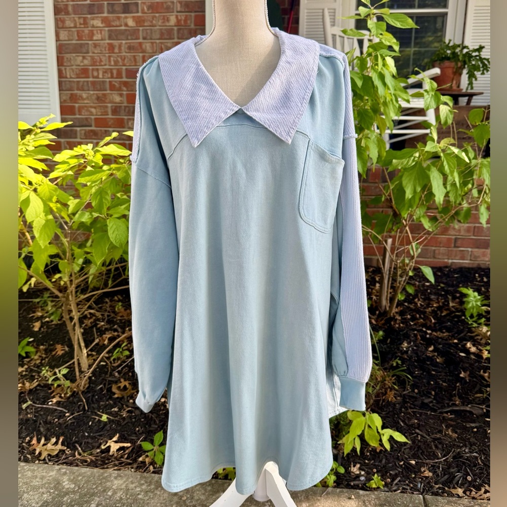Free People Cotton Madeleine Sweatshirt in Winter Sky Combo Oversized Medium - Picture 2 of 11
